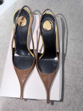 Yves Saint Laurent Brown Patent Slingback Stiletto Pumps